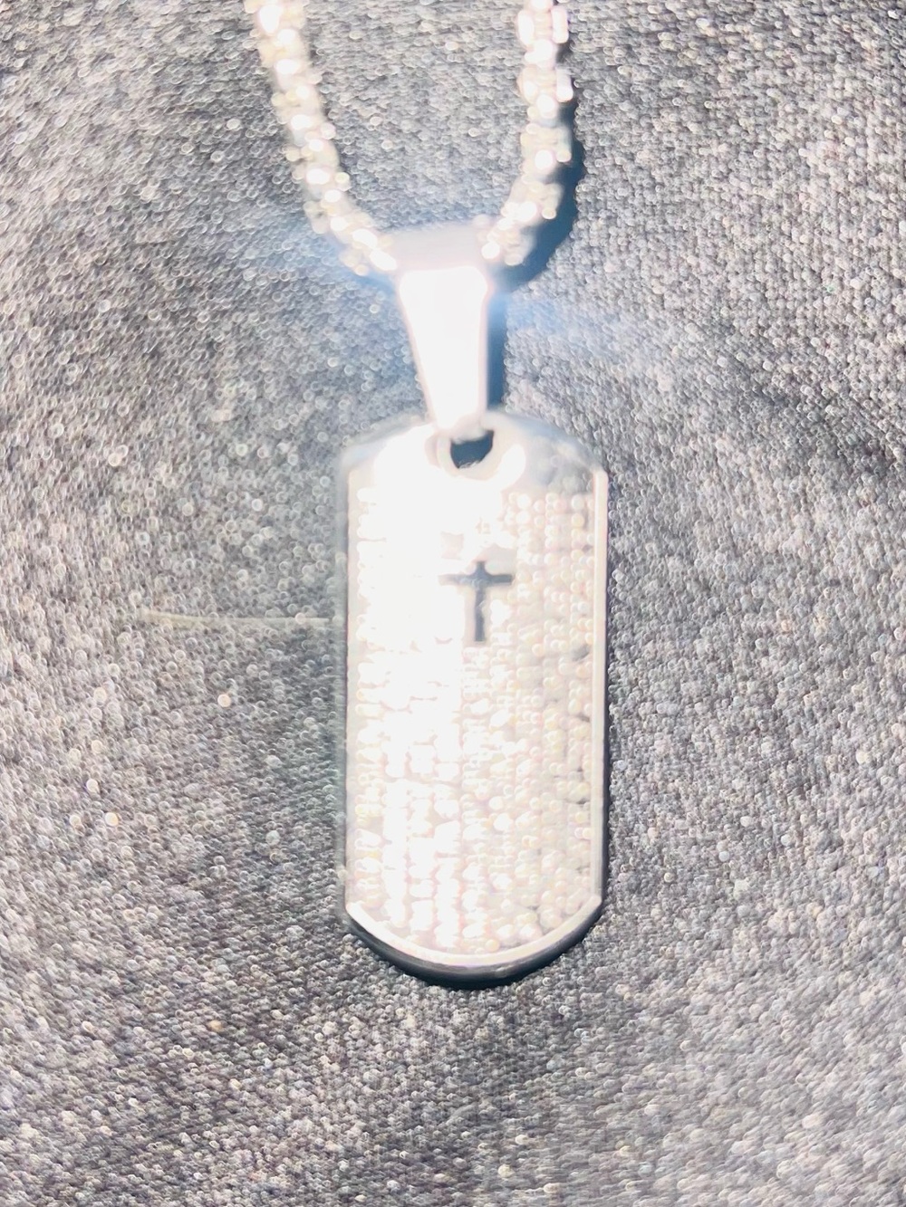 Silver Steel Dog Tag Pendant Necklace with Cross Accent